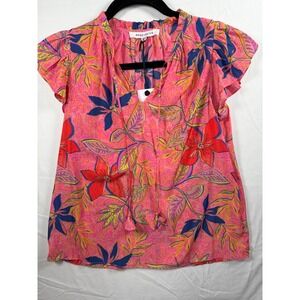 Rose + Olive Pink Floral Flutter Sleeve Blouse Split Tie Neck Top NWT XS boho